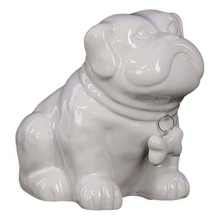 Ceramic Sitting Bulldog Puppy Coin Bank With Bone Pendant On Dog Collar Gloss White