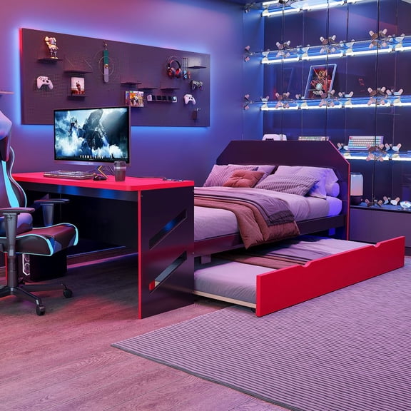 MINESTIA  Full Size Gaming Bed with Desk & USB, Wooden Platform Bed with Trundle, Daybed for Bedroom, Apartments