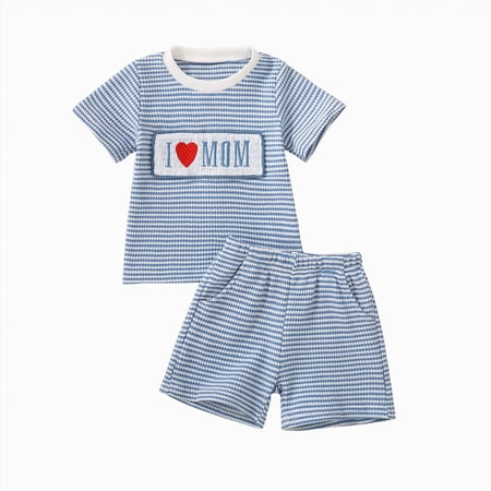 Mothers Day Baby Boy Outfit Cute Cartoon Boys Summer Play Set Print Short Sleeve Crewneck T Shirt Elastic Shorts Breathable Sky Blue 3-6 Months