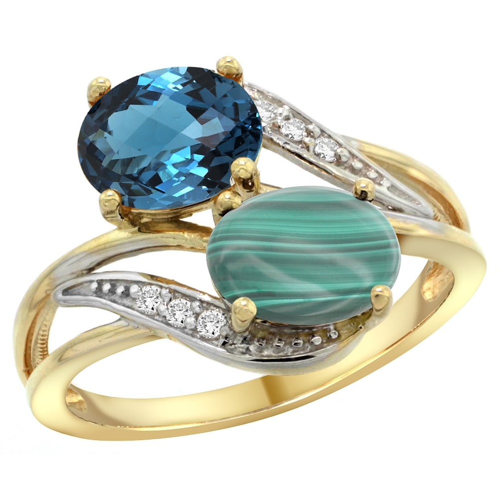10K Yellow Gold Diamond Natural London Blue Topaz & Malachite 2-stone Ring Oval 8x6mm, sizes 5 10 by WorldJewels