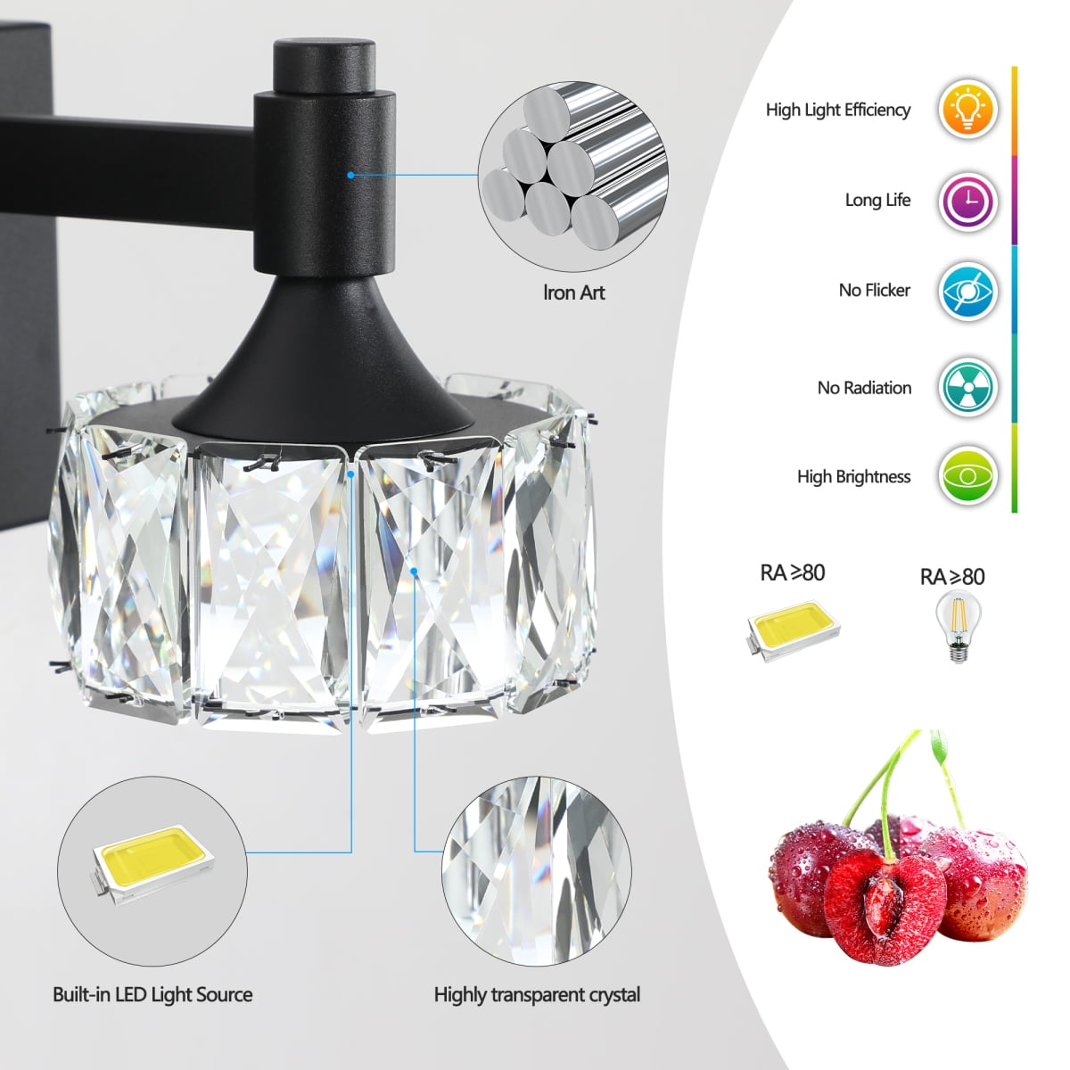 Modern 4-Light Matte Black LED Vanity Light Fixture with Crystal Glass Shades, Bathroom Wall Sconce for Elegant and Contemporary Home Decor On-Site