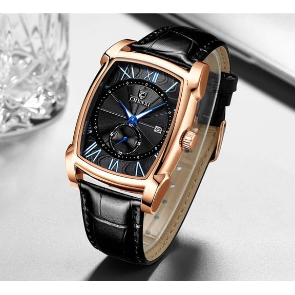 Men Vintage Watches Quartz Analog Date Watch Leather Strap Square Business Waterproof Mens Watches