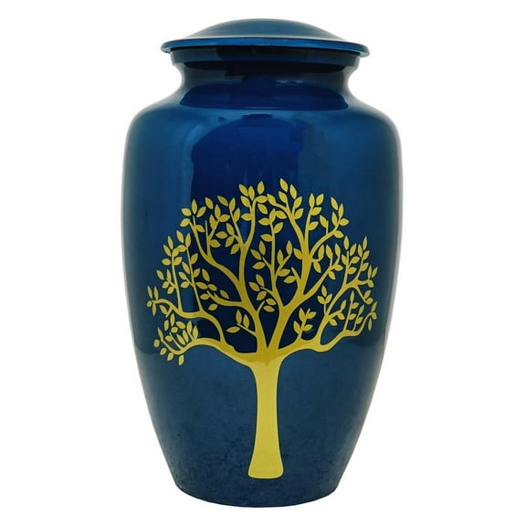 Ample Cremation Urns | Royal Blue Cremation Urn with Golden Tree | Elegant Memorial Jar with Tree of Life Design | Secure Airtight Lid | 220 lbs Capacity | 6.5x6.5x10.5 Inches | Royal Blue