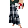 thumbnail image 5 of Women Plaid Print Maxi Skirt Elastic Waist Long Skirt Casual Loose Fit Tiered Design Comfortable Style Navy S, 5 of 6