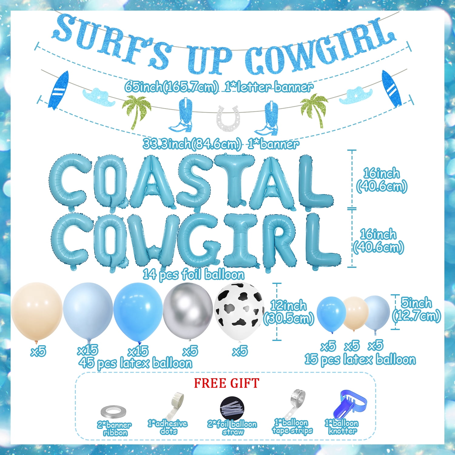 Bachelorette Party Decorations- Blue Silver Coastal Cowgirl Party Decorations, Surfs Up Cowgirl Banners, Coastal Cowgirl Foil Balloon Banner Blue Balloon Arch Kit for Bridal Shower Engagement Wedding