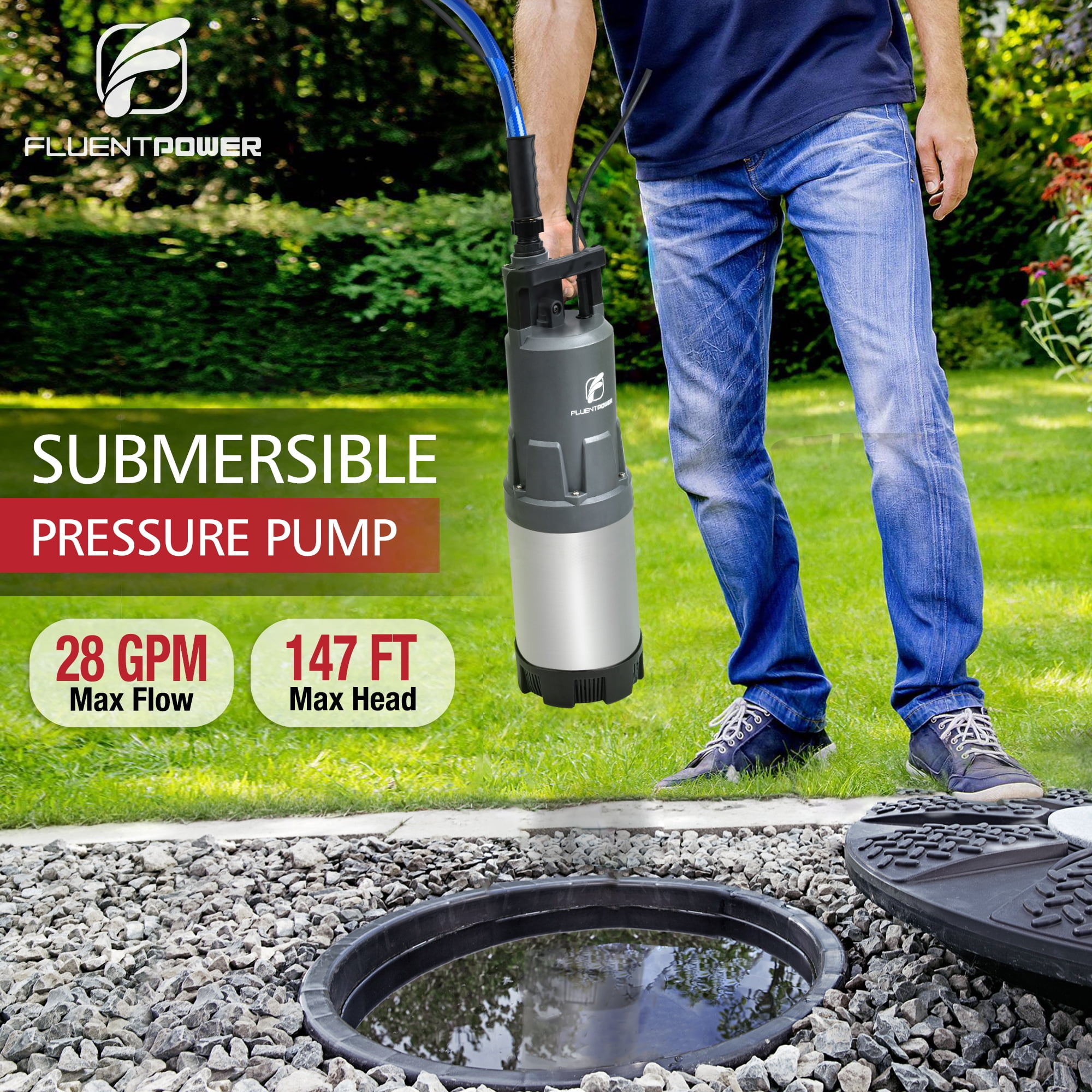 FLUENTPOWER Deep Well Submersible Water Pump, 1.5HP 1700GPH, 147' Head, Automatic On/Off Water Pump with 49ft Cord, Stainless Steel, for Garden Home Watering and Farmland Irrigation