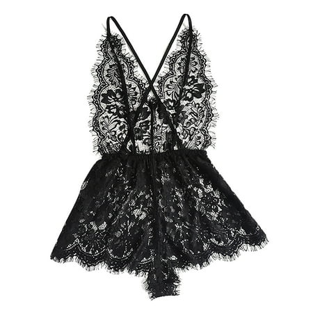 BKQCNKM Womens underwear underwear Women S underwear Fashion Black Women Lace underwear Bodysuit V-Neck Backless Jumpsuit Pajamas Womens underwear Womens Underwear (Bra&Underwear) Black S