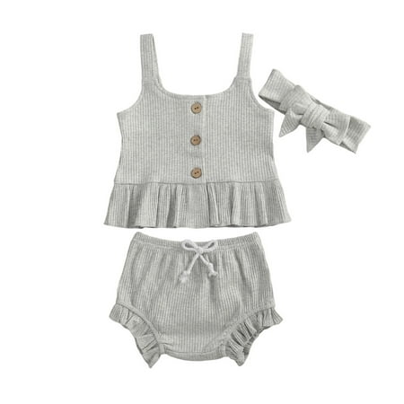 

Meihuida Baby Girls Pants Outfits Tops + Shorts + Headband 3-Pack