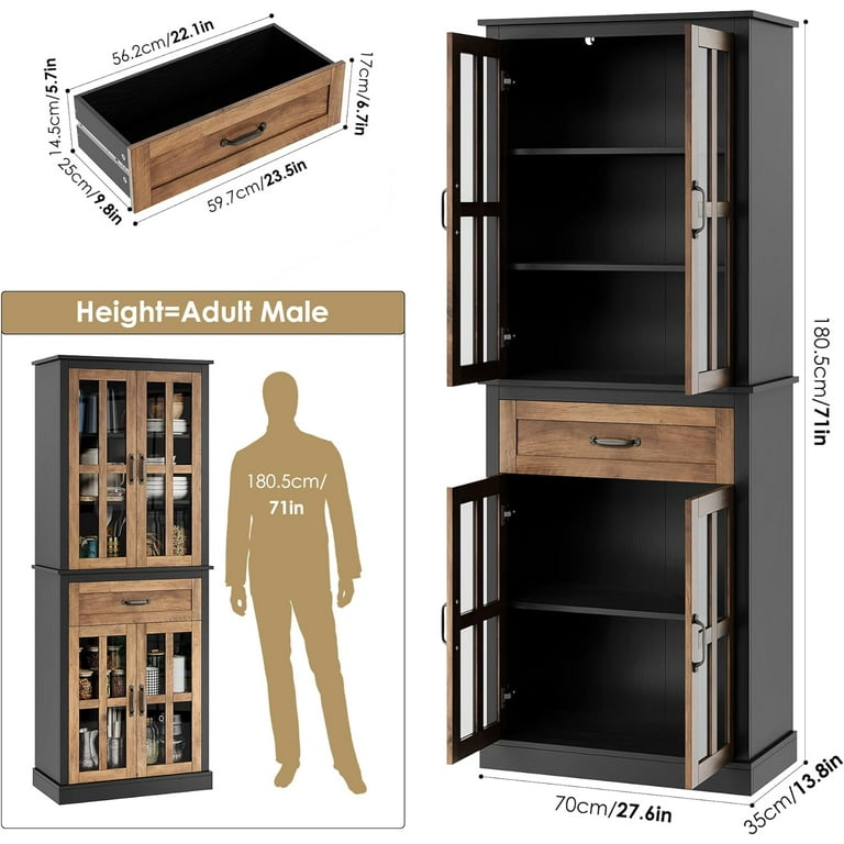 FOTOSOK 71 Kitchen Pantry Cabinet Tall Kitchen Cabinet Pantry Cabinet with Glass Doors and Drawer Freestanding Food Pantry Kitchen Hunch with Adjustable Shelves for Dining Living Room Natural Walmart....