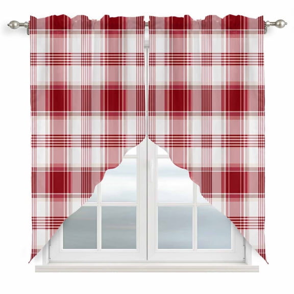 Red Checkered Swag Curtain Valances, Red White Plaid Farmhouse Kitchen Valance for Window, Rod Pocket Small Topper Drapes for Cafe Bedroom Bathroom 2 Panels Window Treatment 28"x36"
