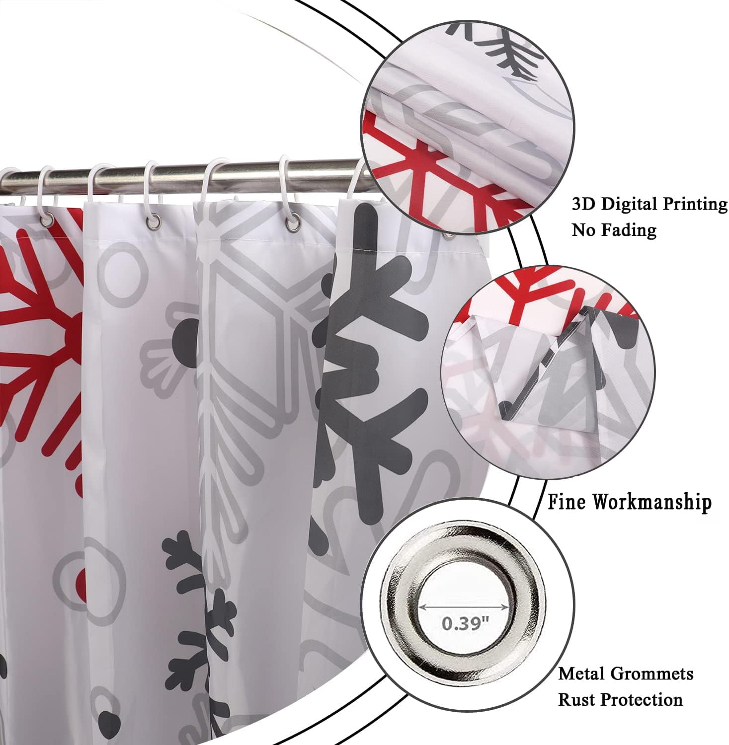 Christmas Shower Curtain, Red and Grey Xmas Snowflake White Background Winter New Year Holiday Bathroom Curtain Waterproof Fabric Machine Washable with Hooks, 72" Wx84 L