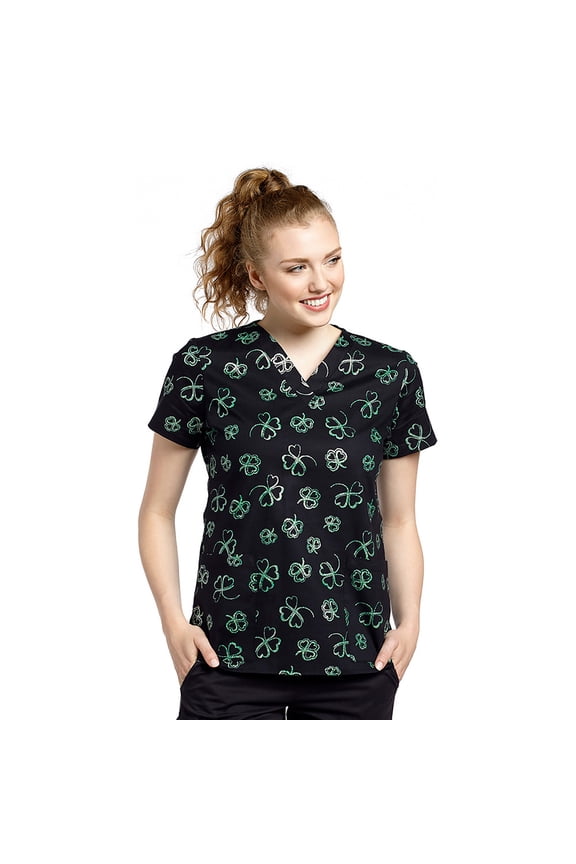Women's V-Neck Clover Print Scrub Top