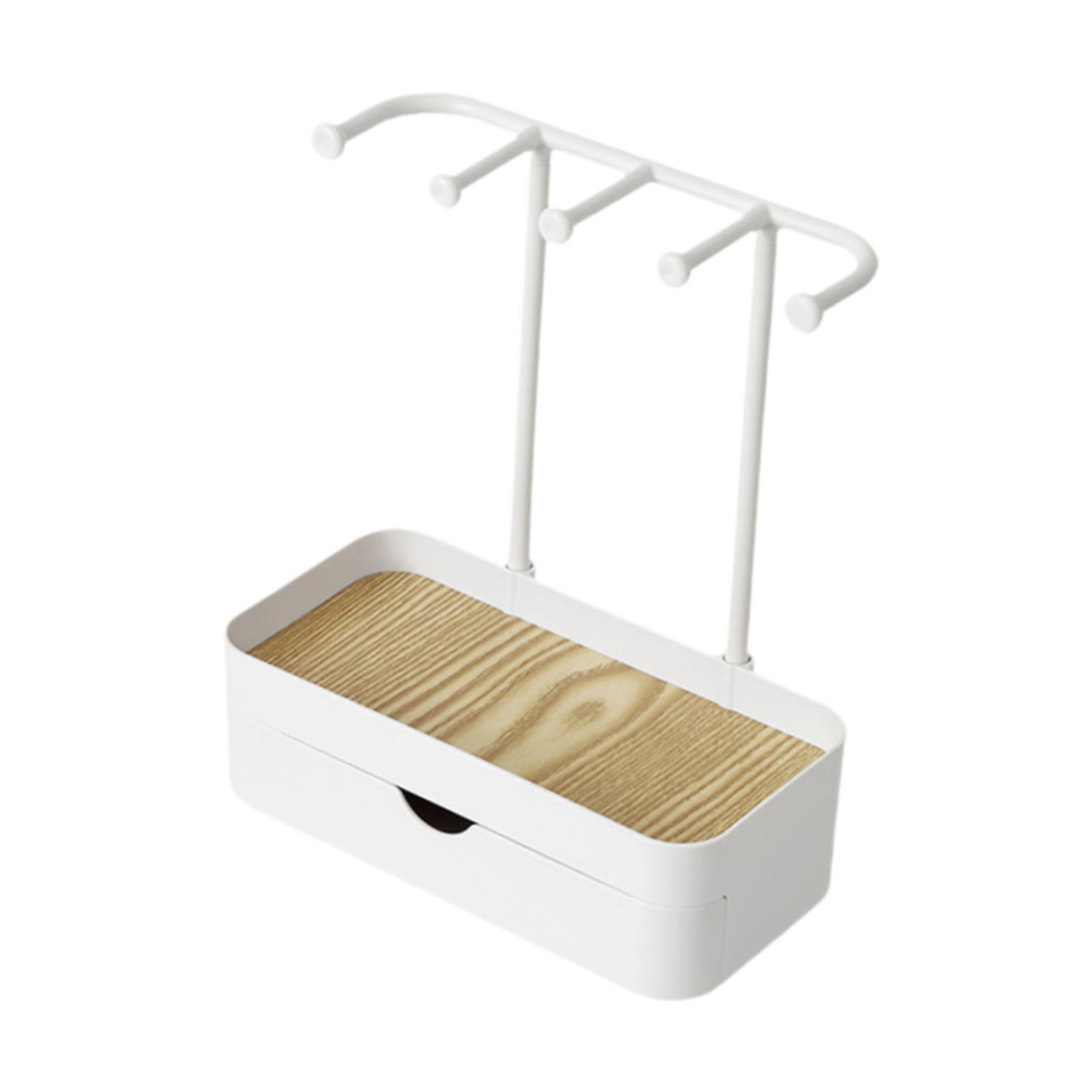 FVDPWYE Hanging Jewelry Stand Organizer with Wooden Tray Keychain 5 Hooks Storage Drawer White