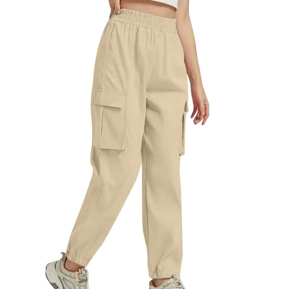 hoksml Women's Cargo Pants Casual Solid Color Elastic Waist Lightweight Hiking Pants High Waisted Workwear Pants Cuffed Pants Leg with Pocket