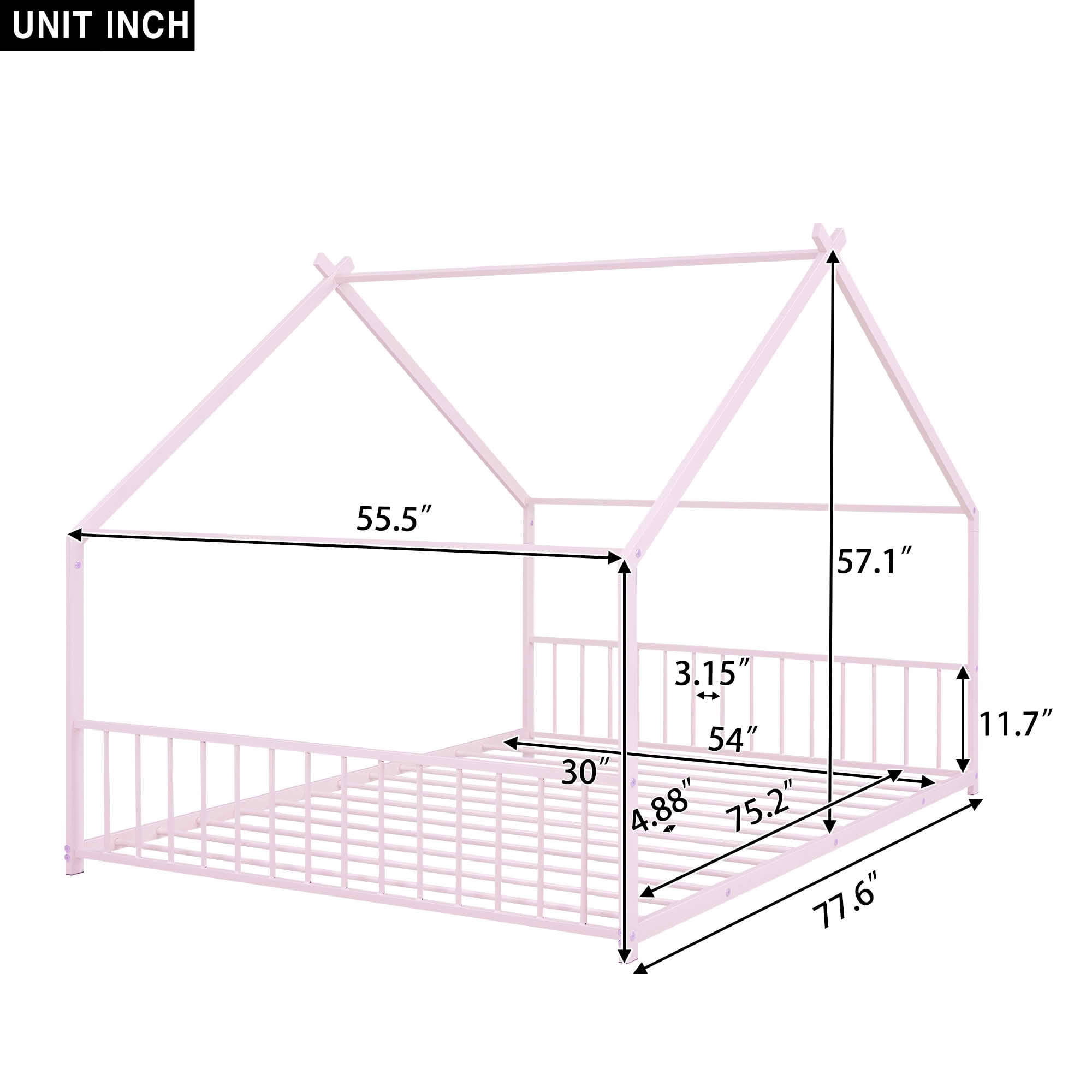 MAYEERTY Metal Kids House Bed with Roof Playhouse Design Sturdy Platform Bed with Slats Easy Assembly