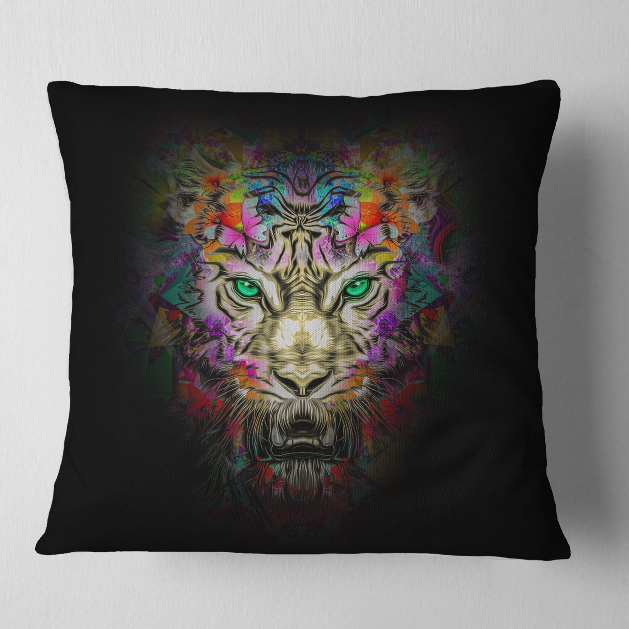 Designart Fierce Tiger Head on Black - Animal Throw Pillow - 18x18