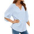thumbnail image 3 of UVN Womens Summer Blouses Bohemian 3/4 Bell Sleeve Shirts for Women V Neck Flowy Casual Pleated Tops, 3 of 8