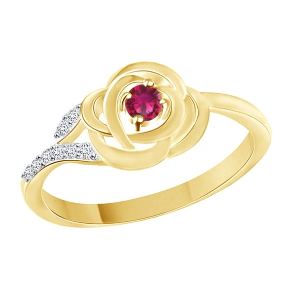 AFFY Simulated Ruby & White Cubic Zirconia Flower Promise Ring in 14k Yellow Gold Over Sterling Silver, Ring Size - 4