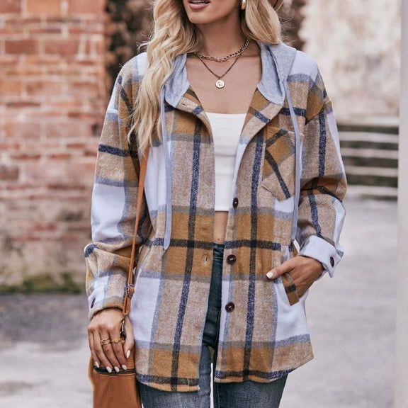 Jacenvly Jackets for Women Casual 2024 Plaid Shacket Jacket Soft Comfort Long Sleeve Cardigan Hoodlies Pocket Button up Outerwear Casual Fashion Thigh Length Blouse