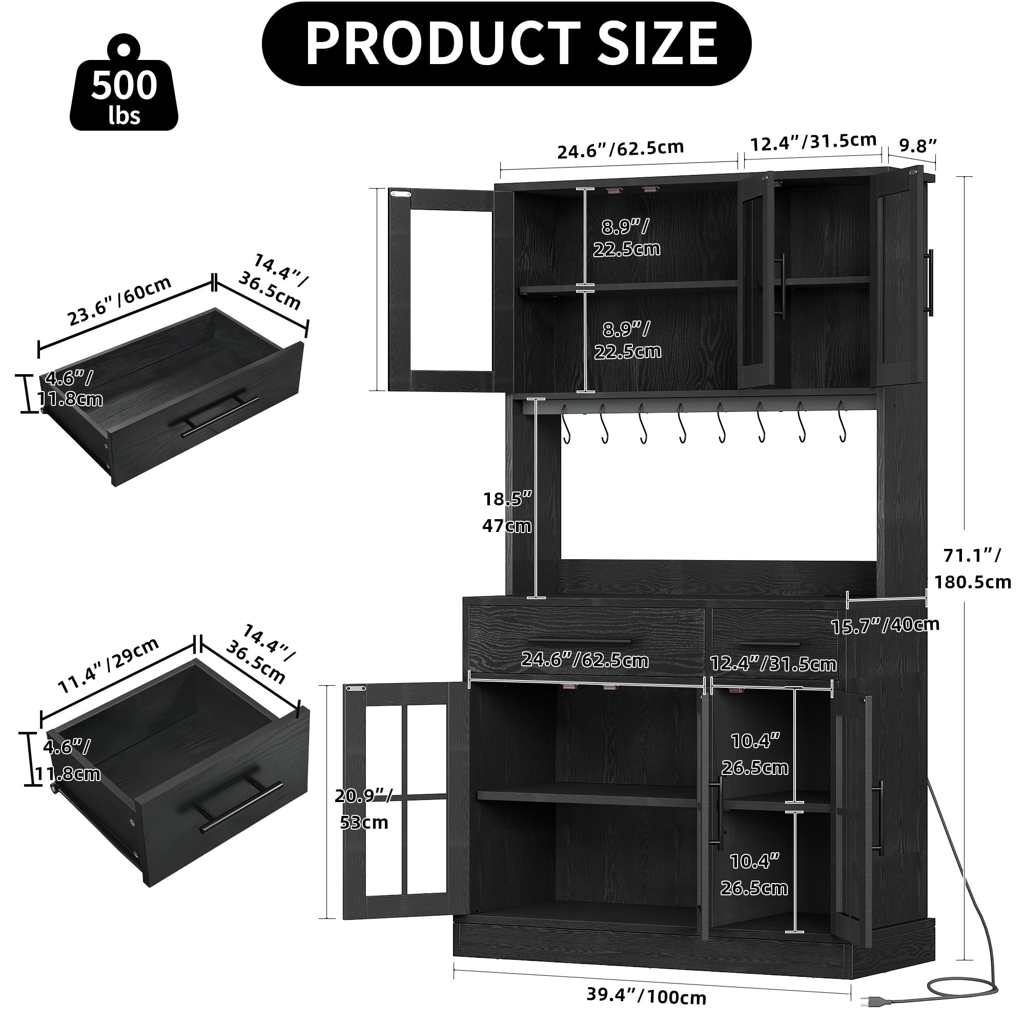 Dextrus 71-Inch Tall Kitchen Pantry Cabinet with Power Outlet, Glass Door, Mug Hooks, 2 Drawers, Microwave Stand, Black