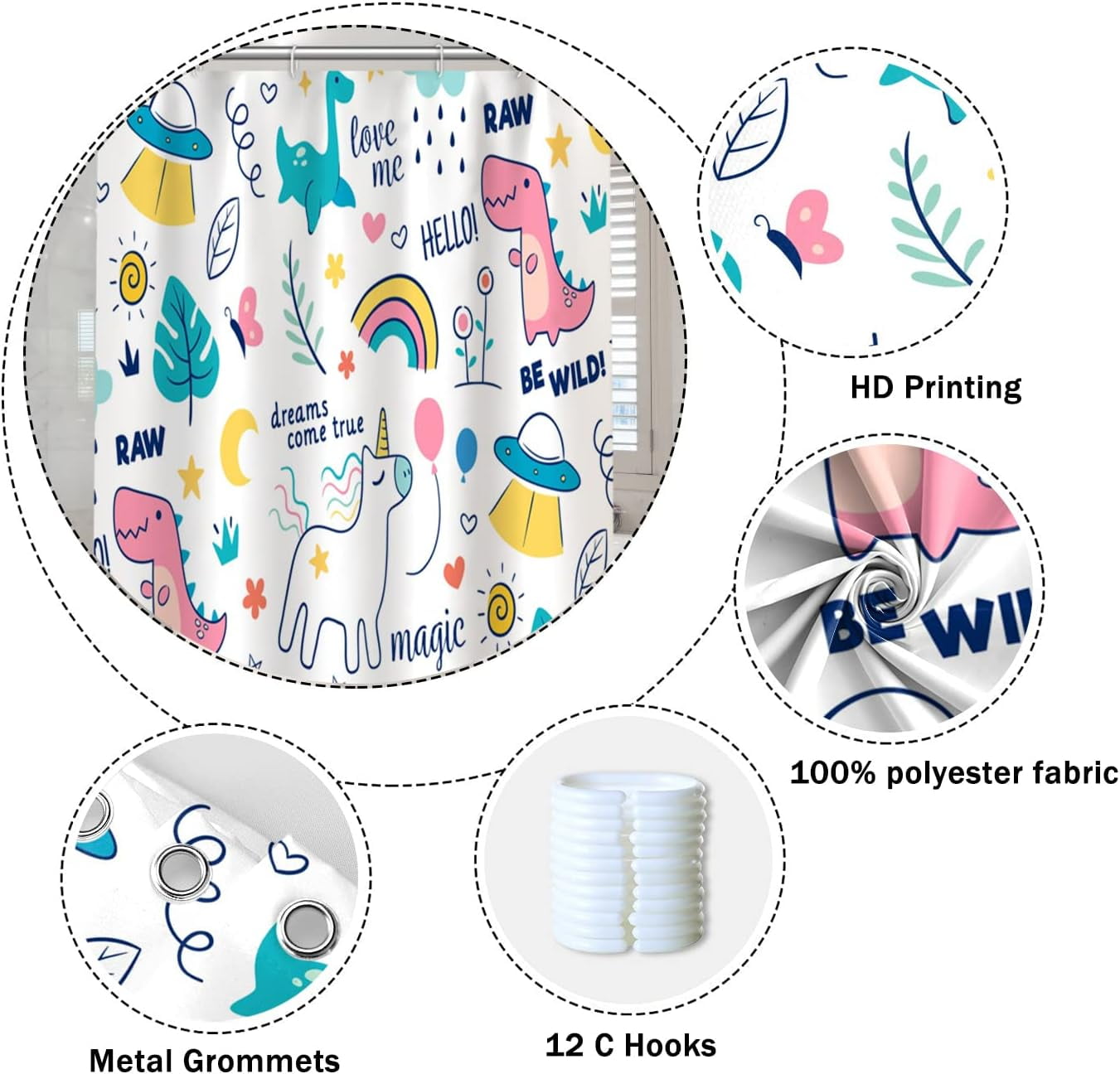 Dreamy Theme Bathroom Shower Curtain Cartoon Dino Dinosaur Rainbow Magical Shower Curtain with Hooks Waterproof Fabric Polyester Shower Curtain for Kids Girls Bath Decorative, 72x84 Inch