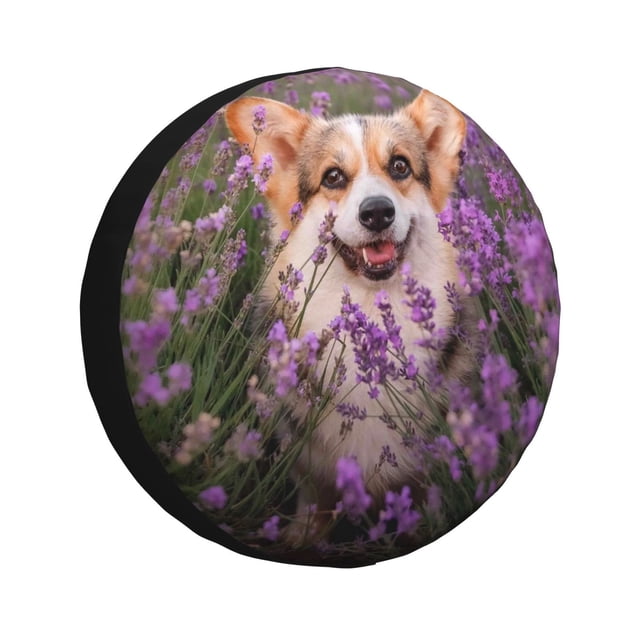 Fotbe Dog in Lavender Flowers Funda de Llanta de Repuesto con Estampado, Engrosada, Ajuste Universal para Jeep, Remolque, RV, SUV, Camión-14 inch