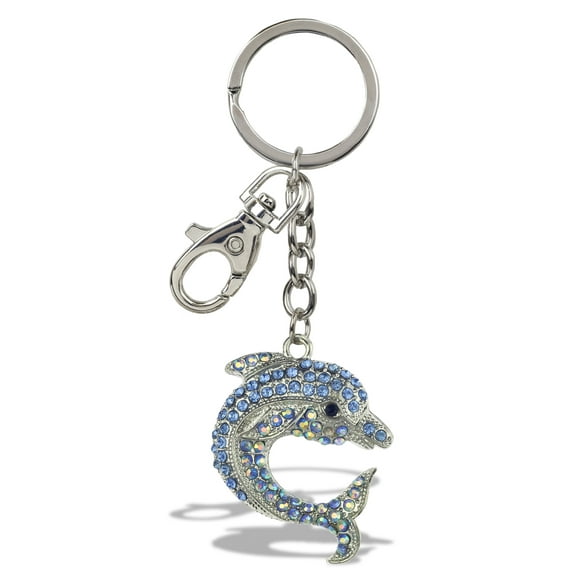 Aqua79 Dolphin Keychain - Blue Sparkling Rhinestones Charm, Fashionable Stylish Polyester PU Ocean Life Silver Key Ring Bling Jewelry Accessory with Clasp For Key Chain, Bag, Purse and Backpack