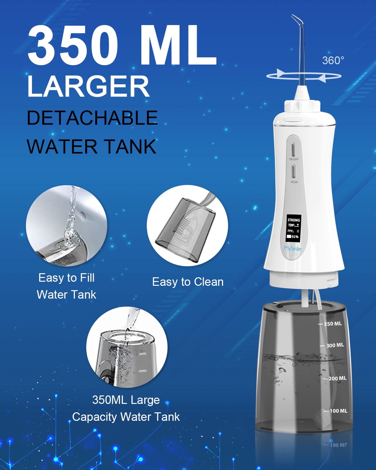 (5 pack) MySmile LP201 OLED Cordless Water Flosser for Teeth Braces, Gums, Dental Electric Power Flosser, Portable Oral Irrigator, 5 Modes, 8 Jet Tips,350ml , White