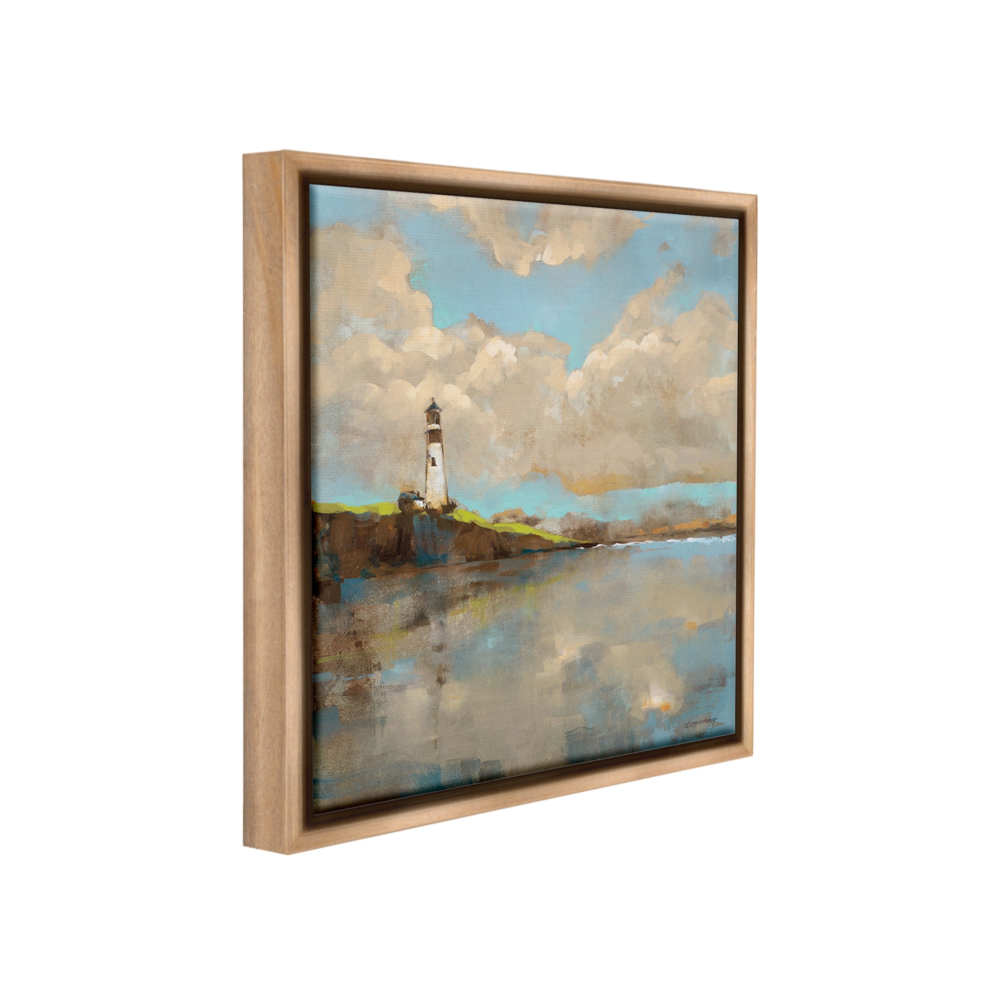 Stupell Industries Lighthouse & Clouds Reflection Landscape Painting Brown Floater Framed Canvas Art Print Wall Art, 18 x 18
