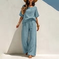 thumbnail image 3 of Ynynloco 2 Piece Cotton Linen Outfits for Women Casual Tracksuit Short Sleeve Tops And Wide Leg Long Pants Matching Lounge Sets, 3 of 8