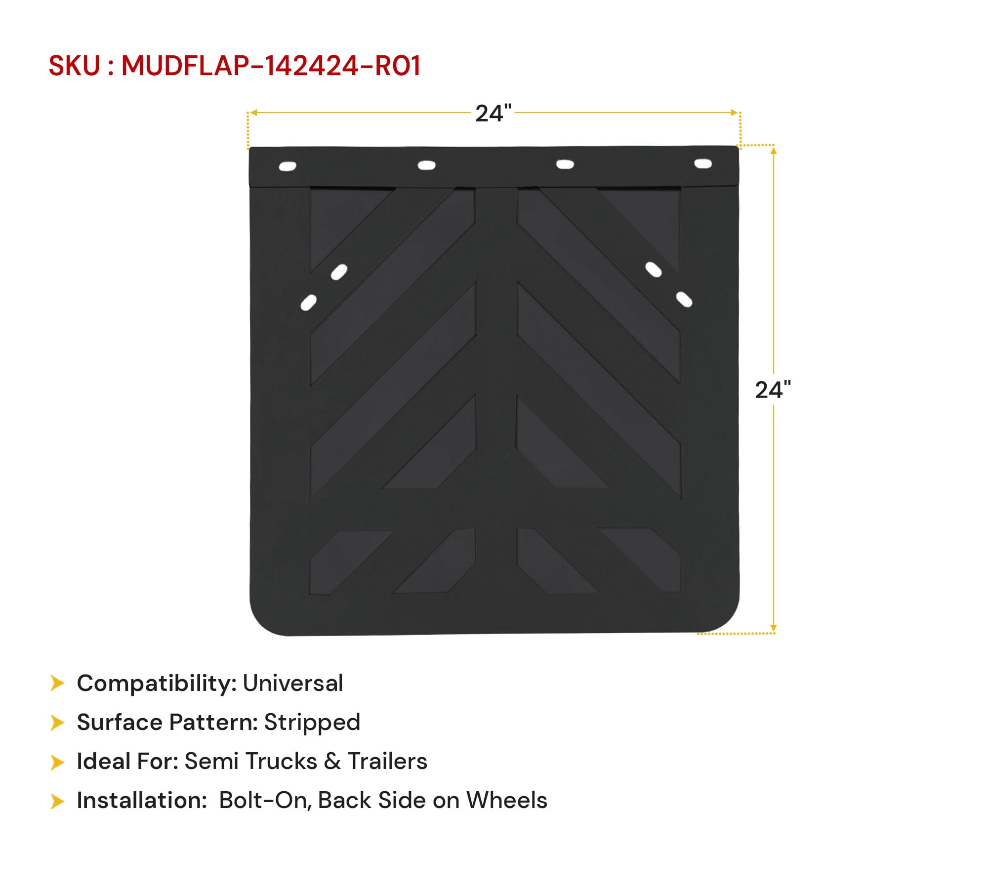 2 Pack Semi Truck and Trailers Mud Flaps - 24"x24" Black Stripped Rubber Truck Splash Guard for Mud, Gravel, & Road Debris Protection