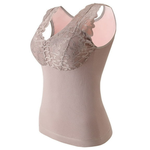 Umfun Women Thermal Tank Tops Casual Trendy Scoop Neck Fleece Camisole Sleeveless Lace Underwear Solid Printing Warm Ribbed Base Layer Underwear Top Hot Pink XL