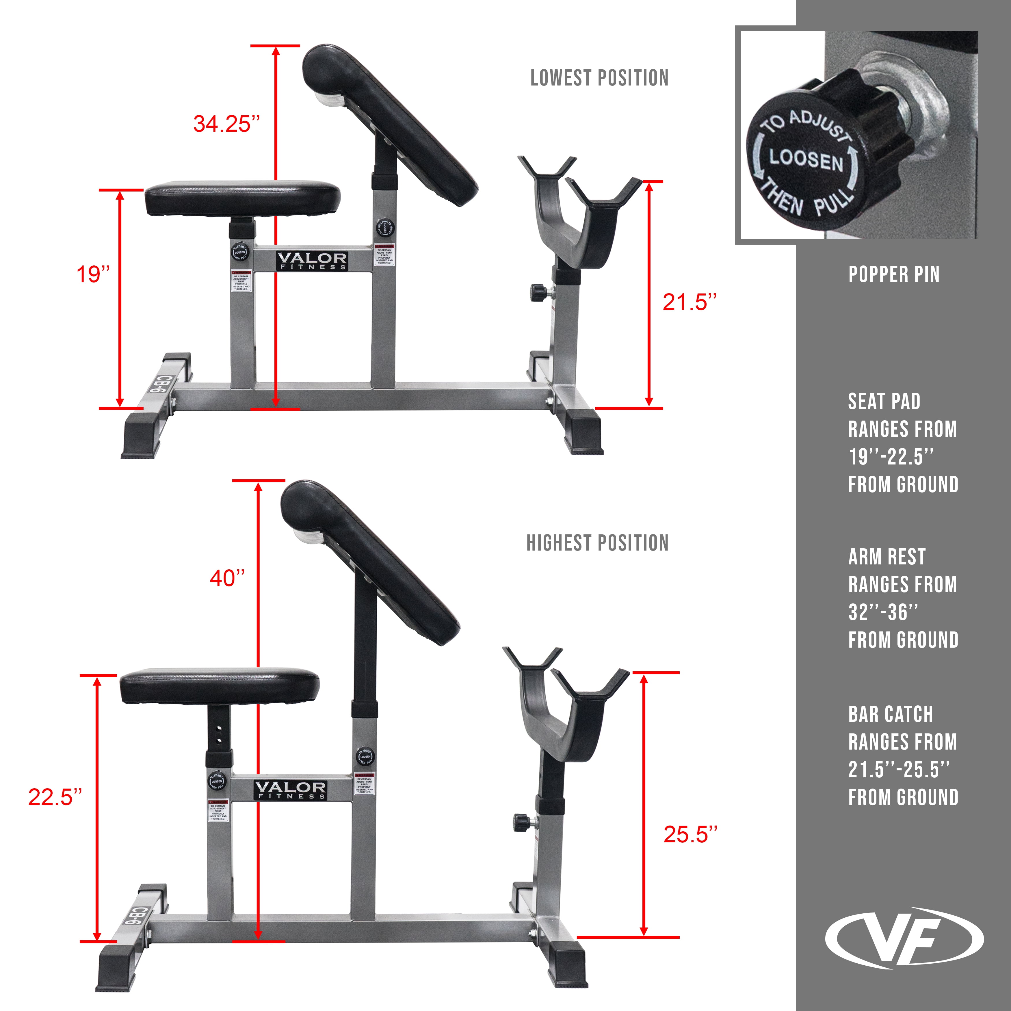 Valor Fitness Adjustable Seated Preacher Curl Bench CB-6