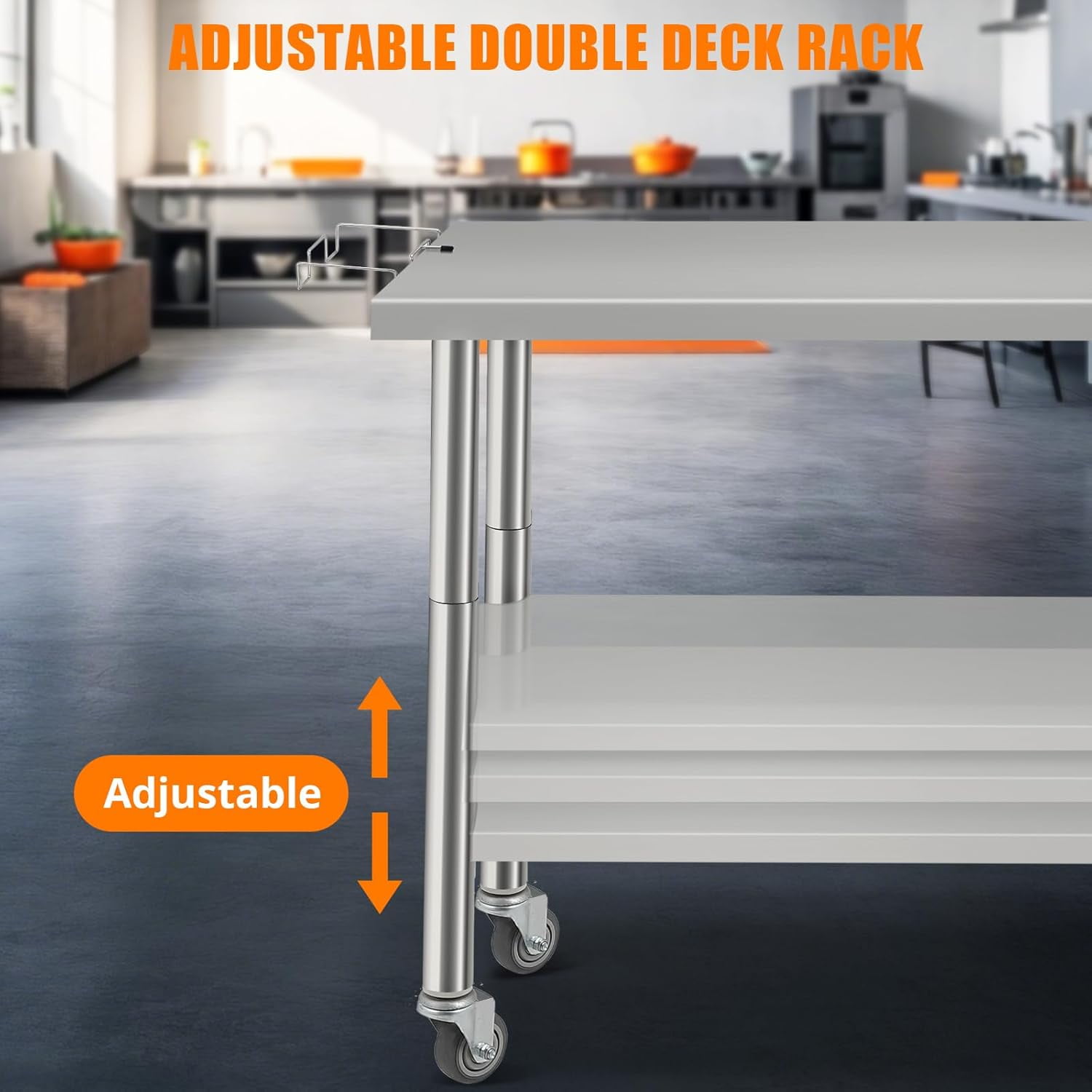 Tuekys Stainless Steel Table with Hooks,Metal Prep Table with Backsplash & Adjustable Undershelf,Curved Edge,Heavy Duty Food Prep Worktable for Home