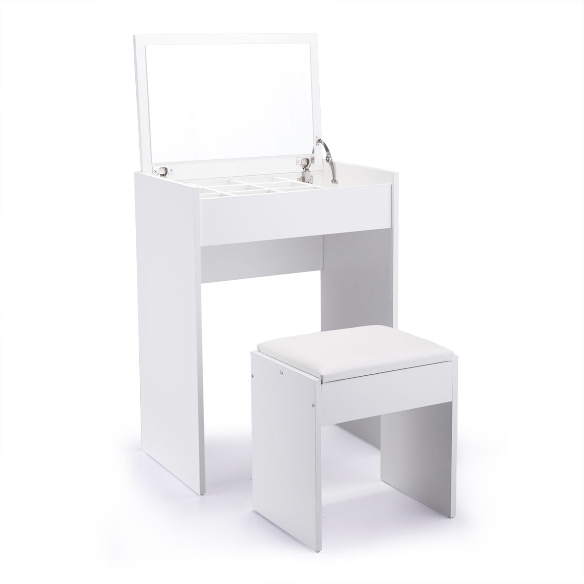 Lowestbest Wooden Makeup Vanity Set with Cushioned Stool and Reversible Mirror, White