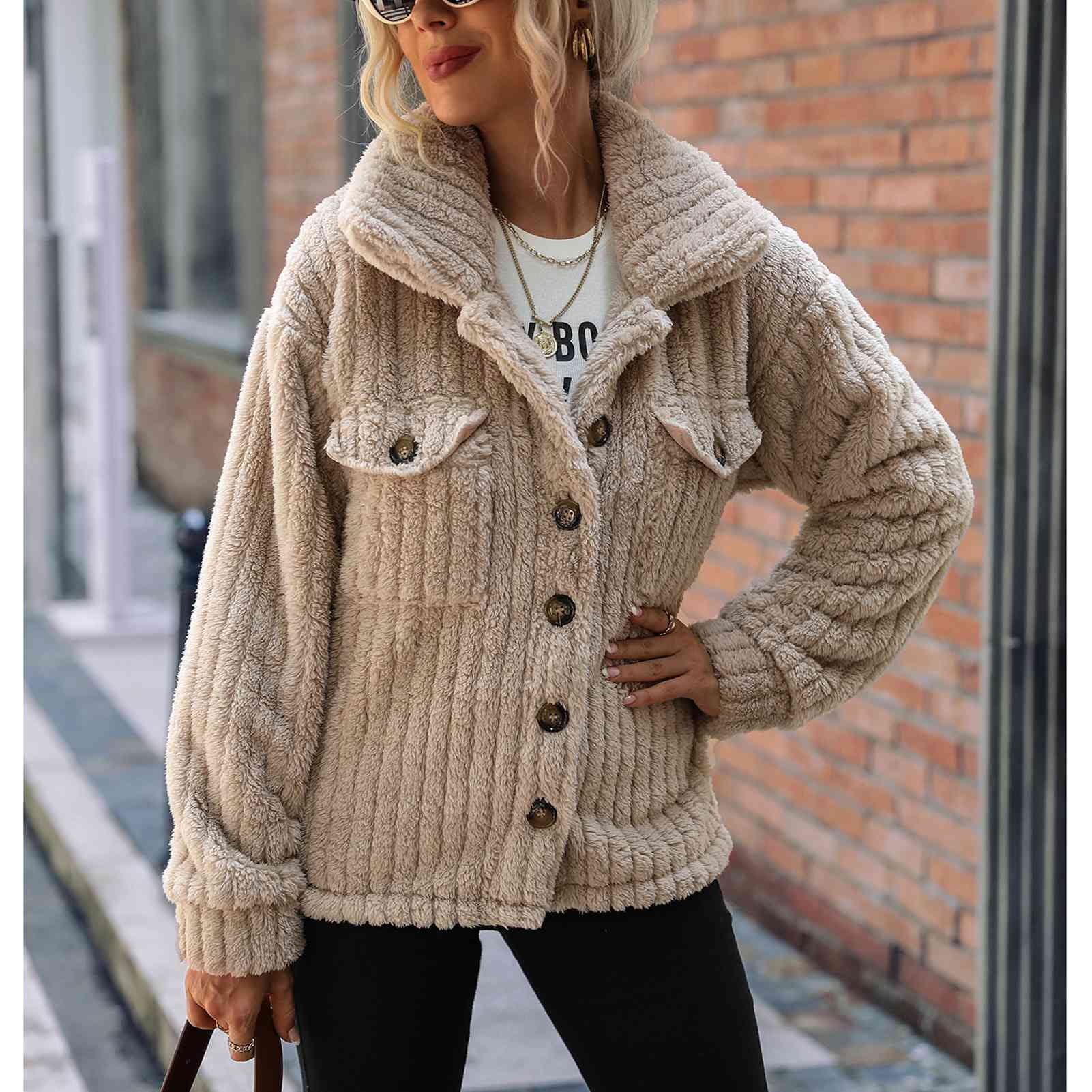 Women Fluffy Fuzzy Jacket Turn Down Collar Single Row Button Fleece Coat with Pockets for Winter Autumn