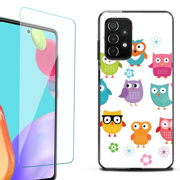 Slim-Fit Flexible TPU Gel Phone Case (black) for Samsung Galaxy A52 5G, with Tempered Glass Screen Protector, by OneToughShield ® - Happy Owl