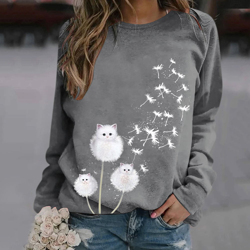 Women Round neck Pull Over Long Sleeve T-Shirt Casual Loose Cat Print Jumper