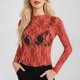 thumbnail image 2 of Top de malla de manga larga para mujer: blusa transparente con cuello alto, tops de encaje floral transparente, 95 % poliéster, 5 % spandex, tallas S-XXL, 2 of 5