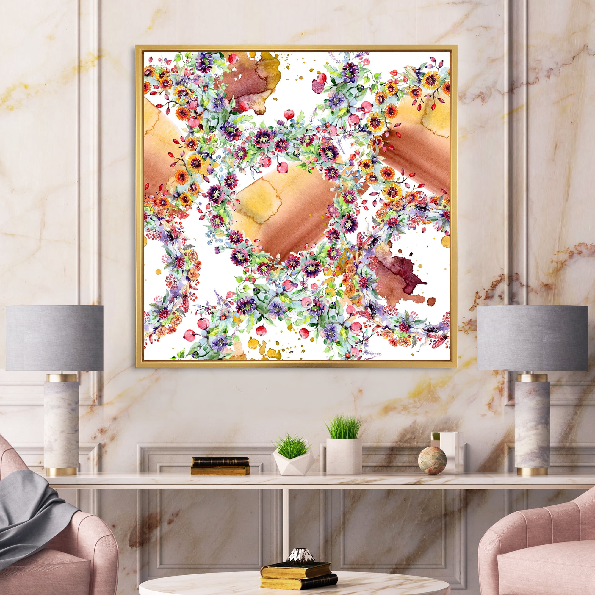 Designart 'Vibrant Wild Spring Leaves, Berries and Wildflowers' Modern Framed Canvas Wall Art Print