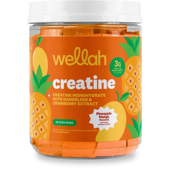 Wellah Creatine For Women (Pineapple Mango) 30 Stick Packs - 3g of Creatine Monohydrate with Dandelion, & Cranberry Extract, To-Go Packets