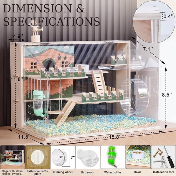 11-in-1 Wooden Hamster Cage with Acrylic Panels, 3-Layer Small Animal Habitat for Mice and Hedgehogs