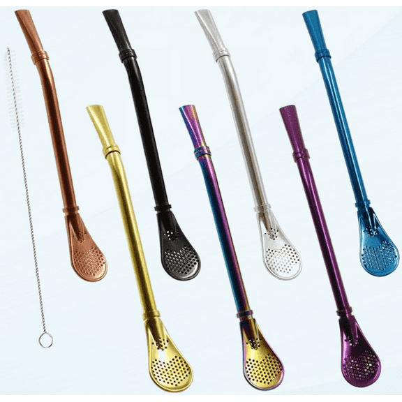 7 Pcs Reusable Steel Drinking Straws with Filter Spoon for Yerba Mate Bombilla, Stirring Spoon Set with Cleaning Brush
