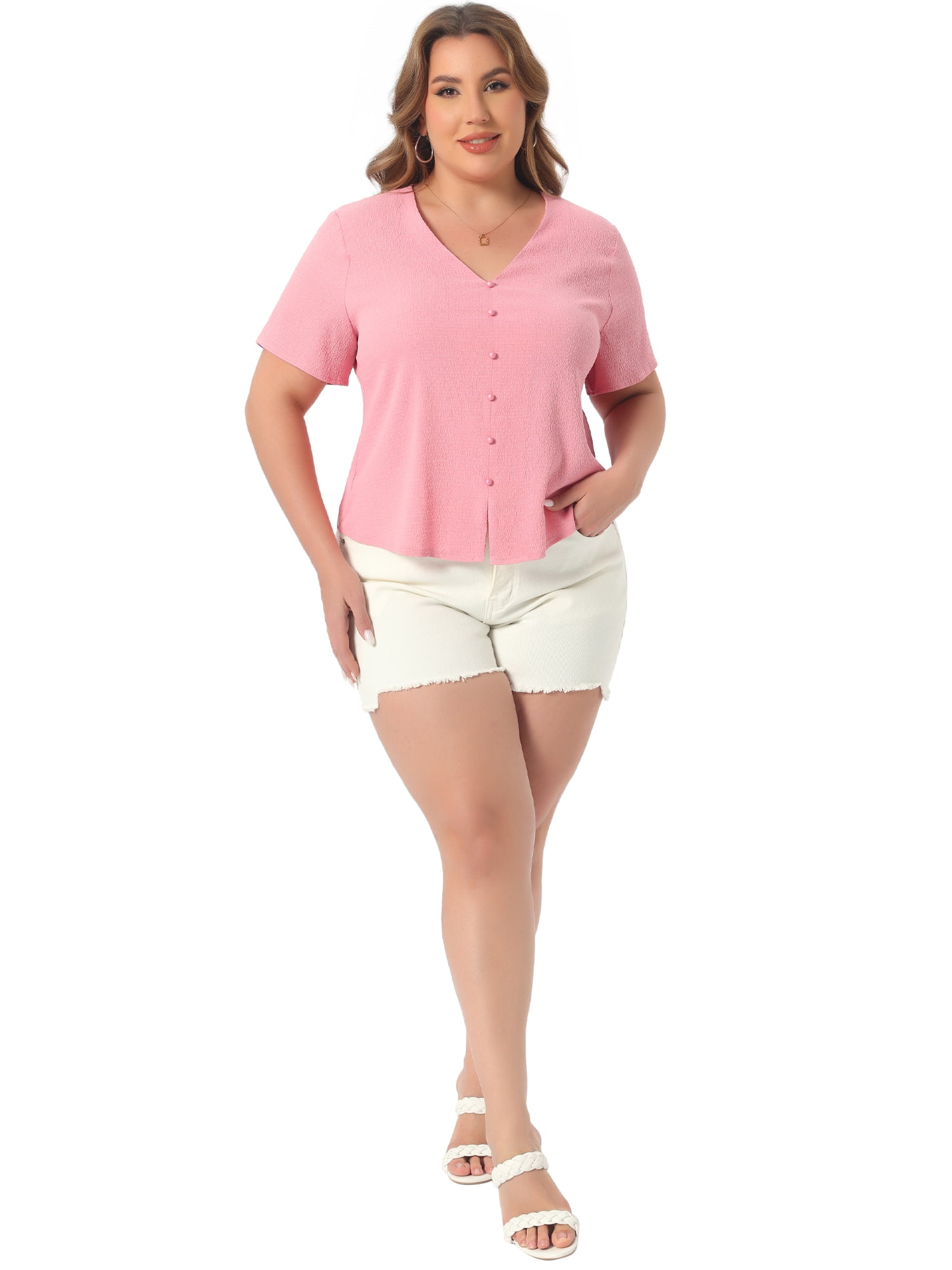 DARING DIVA Women's Plus V Neck Button Casual Blouse 3X Dark Pink
