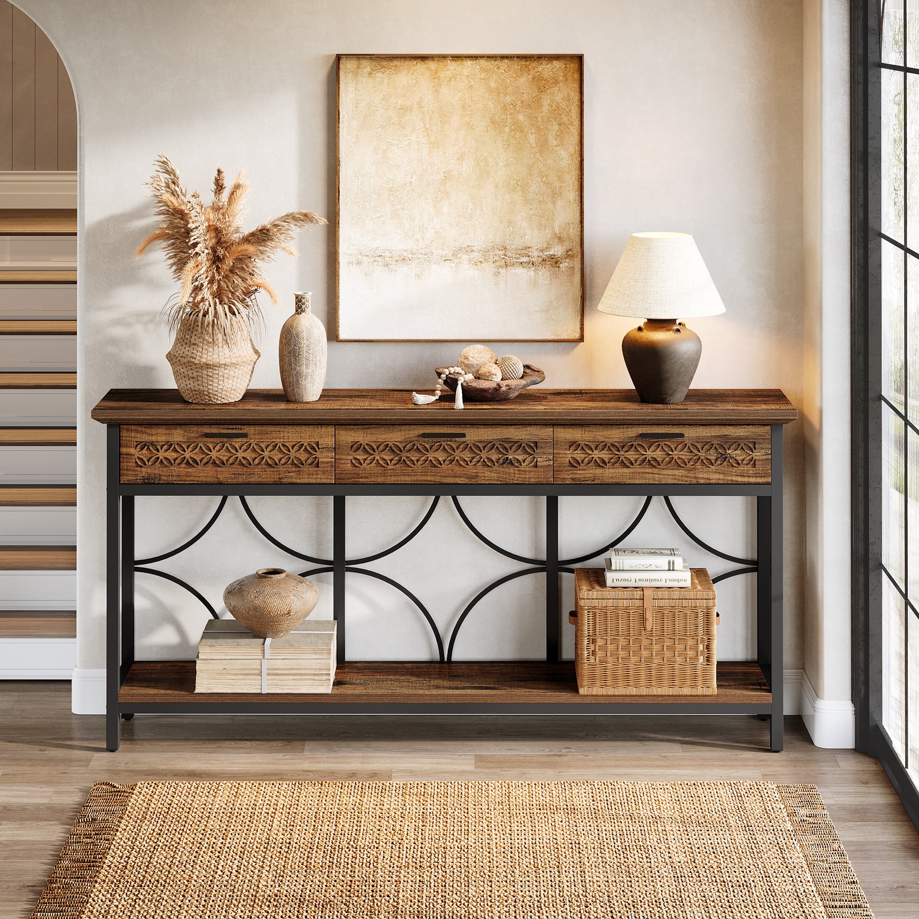 Tribesigns 70.9" Extra Long Console Table with Drawers, Farmhouse Entryway Table with Storage, Wood Behind Couch Sofa Table Accent Table for Entryway, Living Room, Hallway