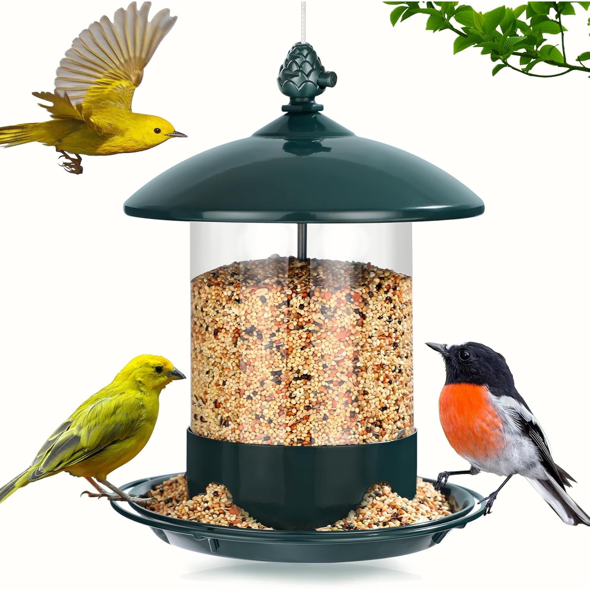 Metal Bird Feeders for Outdoors Hanging, Weather Resistant Wild Bird Feeder with 360 Degree Feeding Tray, Green