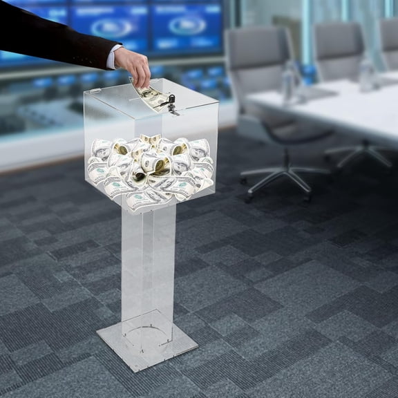 12*12*34.2in Acrylic Suggestion Box, Donation Clear Box Free-standing Offering Box Ballot With Holder, lock & 2 keys, for Voting, Charity, Suggetstion Collection