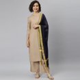 thumbnail image 3 of Janasya Indian Round Neck 3/4 Sleeve Solid Beige Poly Silk Kurta With Palazzo And Dupatta For Women, 3 of 9