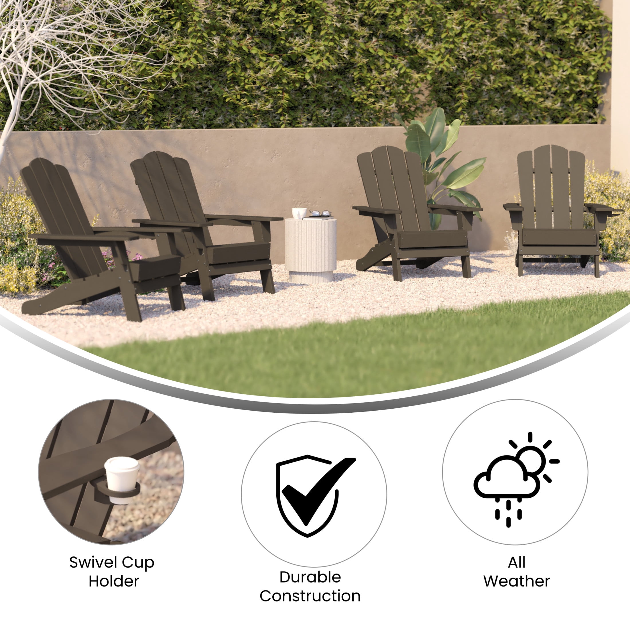 BizChair Adirondack Chair with Cup Holder, Weather Resistant HDPE Adirondack Chair in Brown, Set of 4