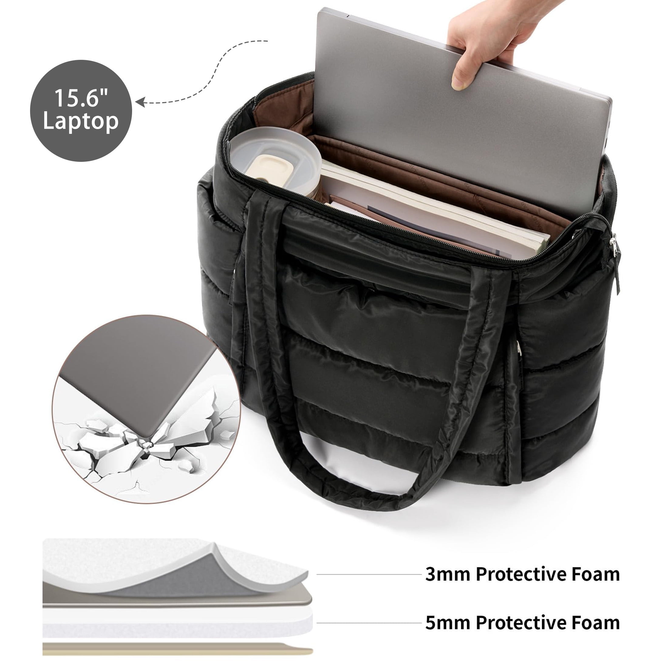 Puffer Tote Bag for Women, Large Capacity Lightweight Quilted Shoulder Bag, Waterproof Handbag for Work, Travel, Gym, Black